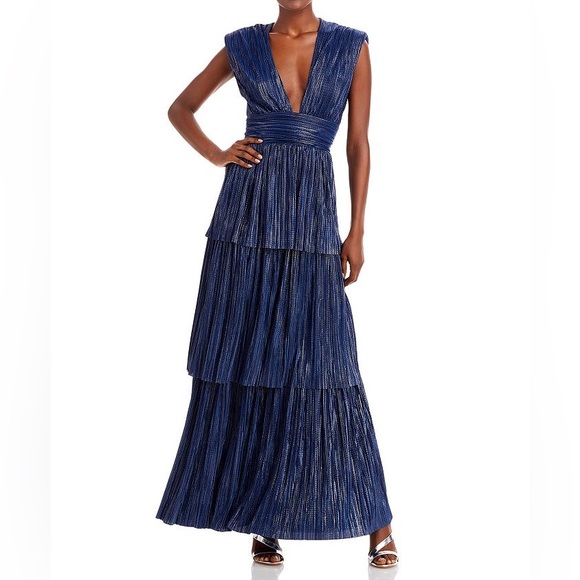 SABINA MUSAYEV Womens Blue Metallic Ruffled Sheer Tiered Printed Flutter Sleeve V Neck Full-Length Evening Fit + Flare Dress main image 1